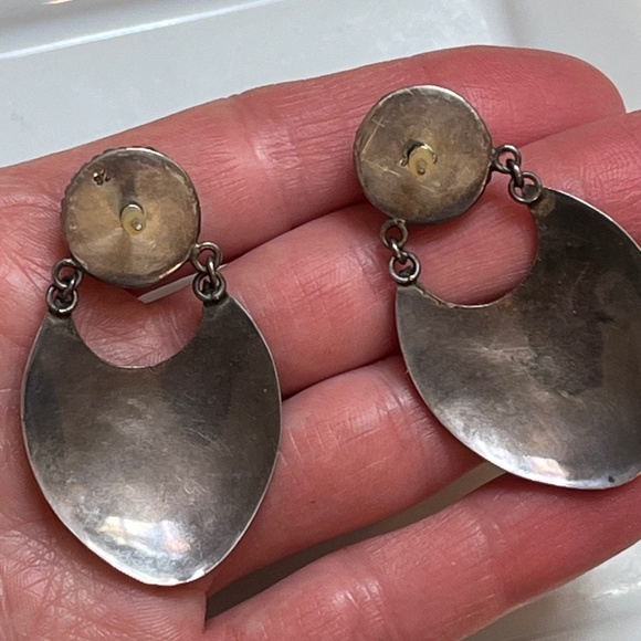 Vintage Onyx Earrings Black Shield Dangle 925 Sterling Silver Teardrop Tribal - Picture 10 of 11